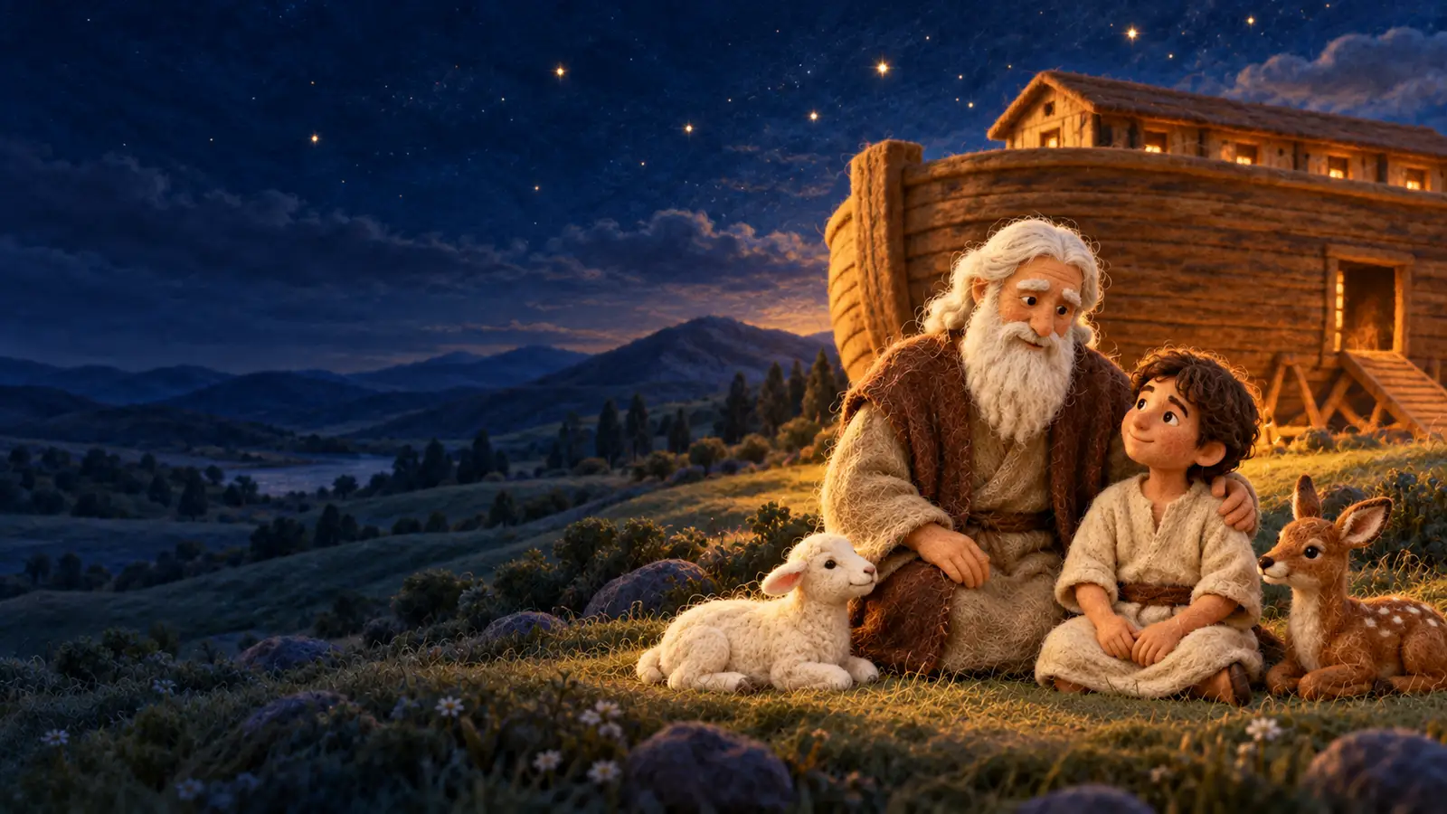 A handmade felt ark rests in a quiet landscape beneath a dusky, star-filled sky.