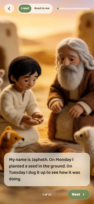 Actual Noah reader page: felt Japheth and Noah above the story text, with I read selected and a Next button.