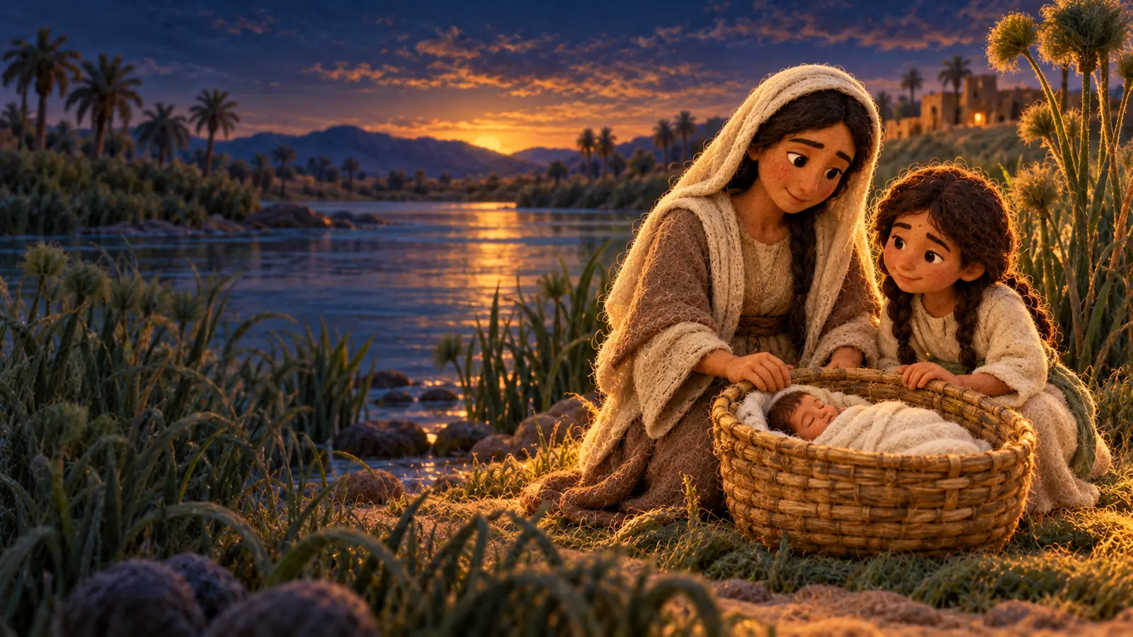 A handmade felt illustration of Miriam and Jochebed beside a woven basket on the Nile riverbank.